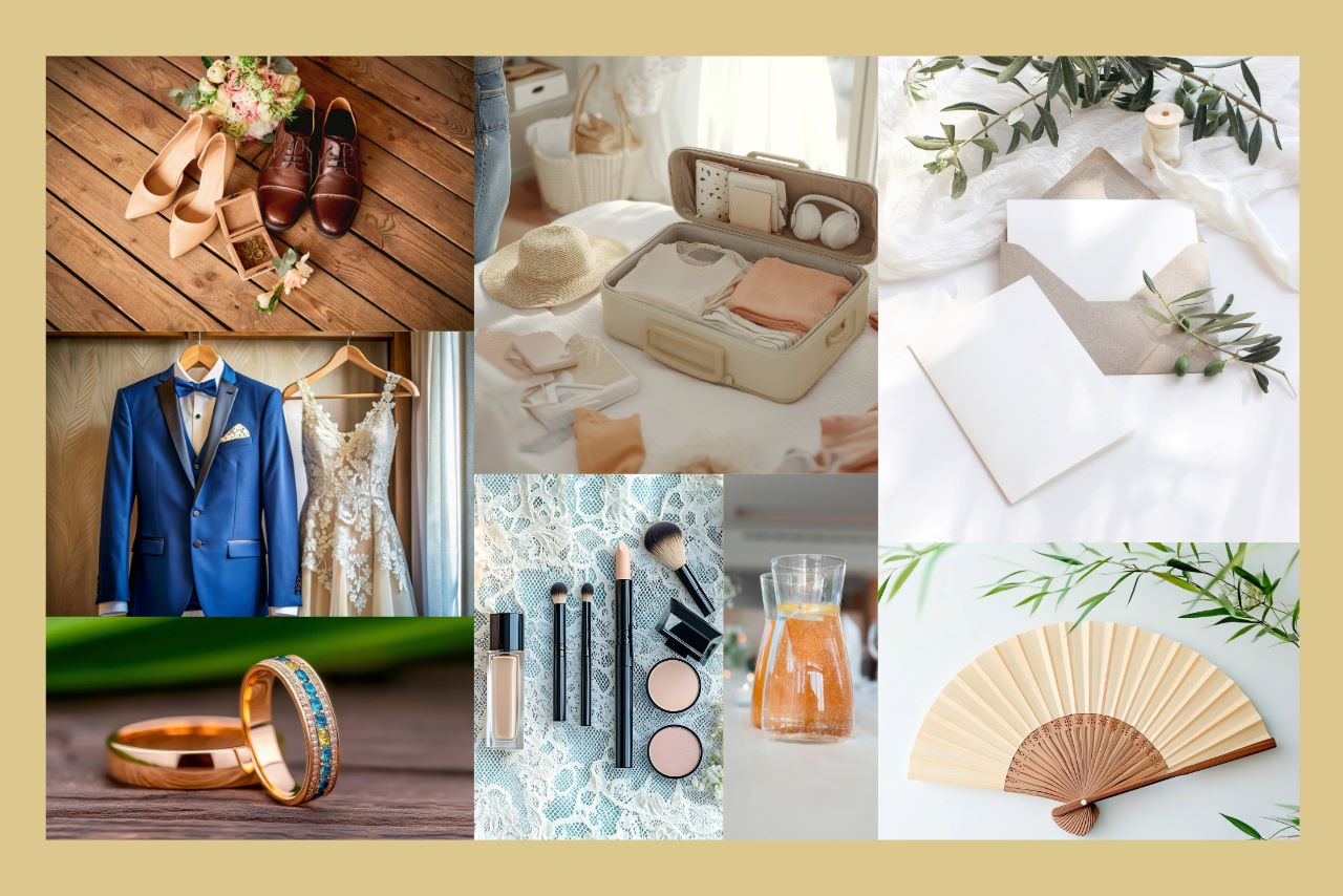 Collage of items needed for a destination wedding in cyprus