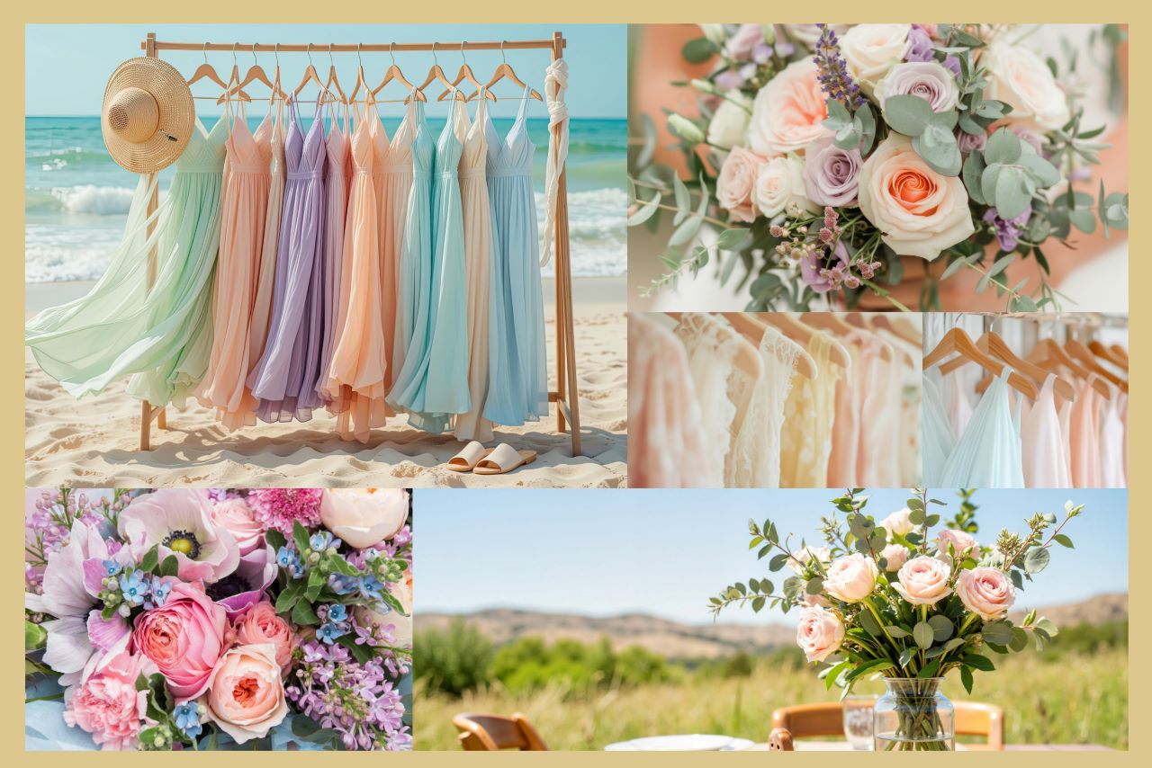 bridesmaids and flowers in pastel shades