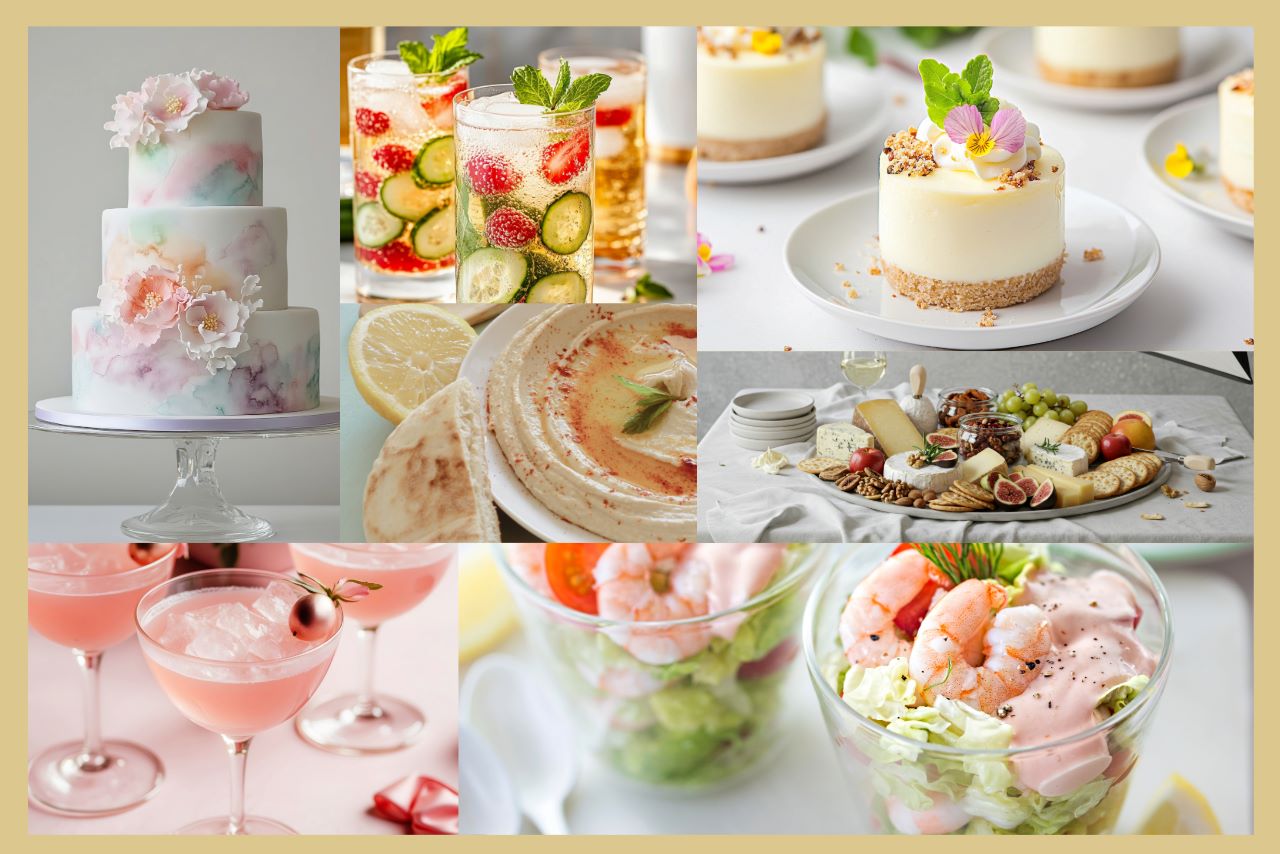 wedding food and cocktails in pastel shades
