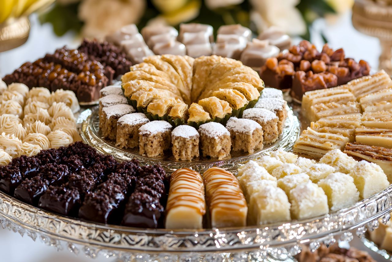 Baklava deserts on a glass tray